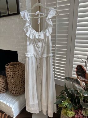 Anthropologie White Ruffled Smocked-Waist Button-Front Midi Dress